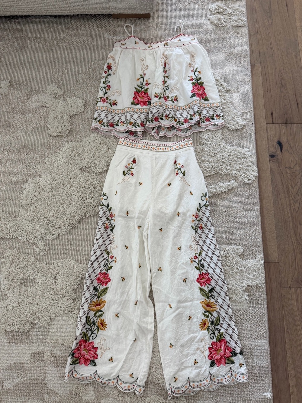 Farm Rio White Floral Embroidered Wide-Leg Pants & Top Set
